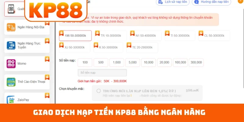 Giao dịch nạp tiền KP88 bằng ngân hàng