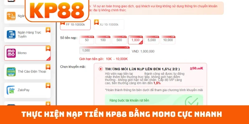 Thực hiện nạp tiền KP88 bằng Momo cực nhanh